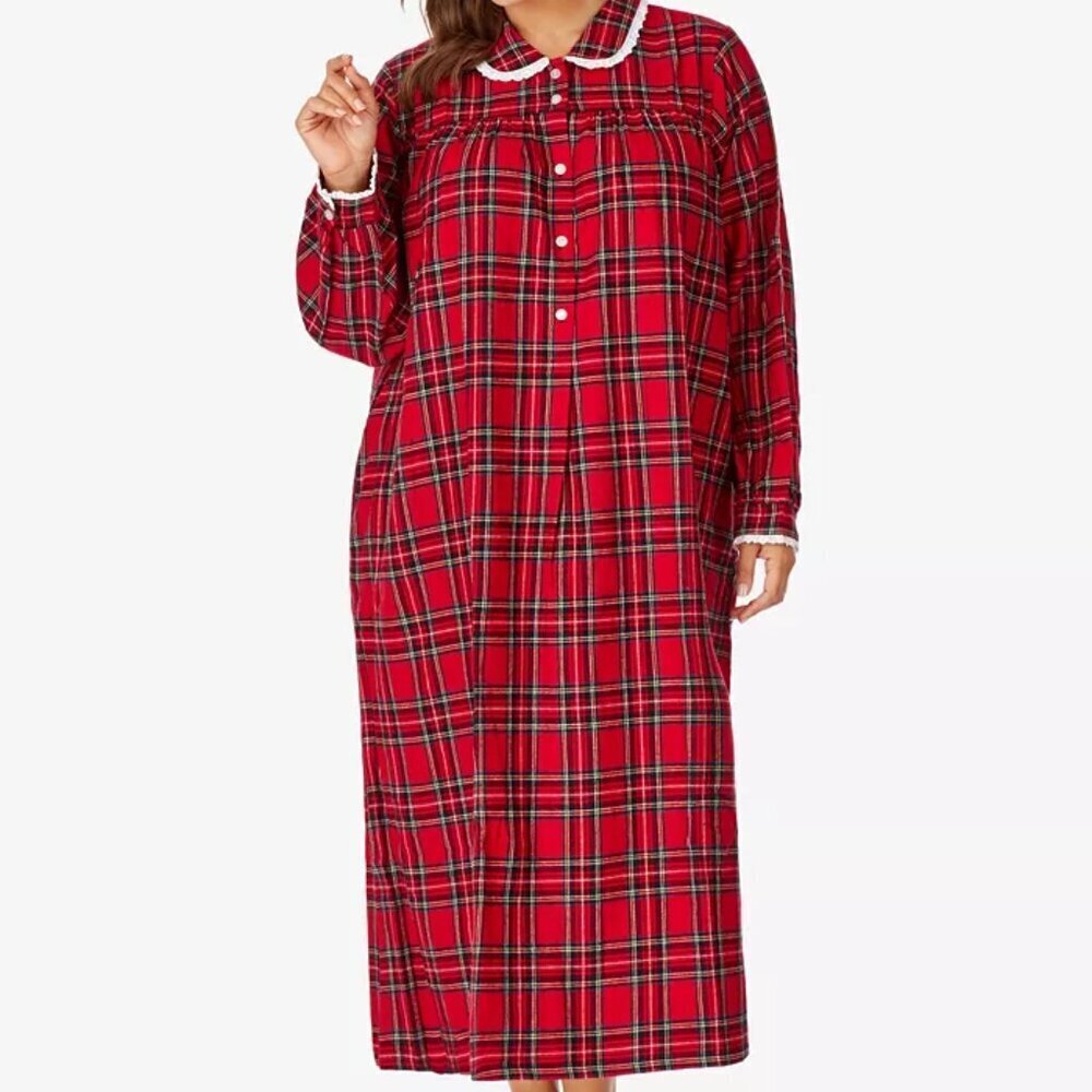 Land of Salzburg Plus Size Cotton Flannel Plaid Nightgown Red 2X